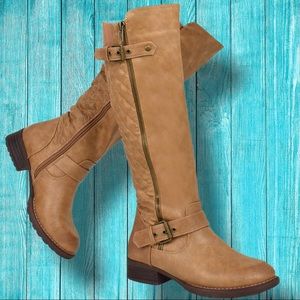 Margo Tan Tufted Knee High Low Heel Riding Boot